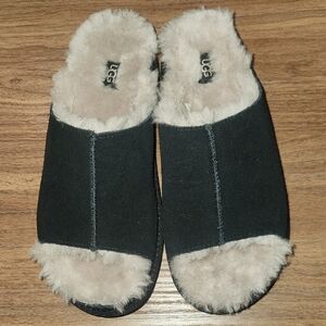 UGG Black Suede Slide Slippers with Cream Shearling